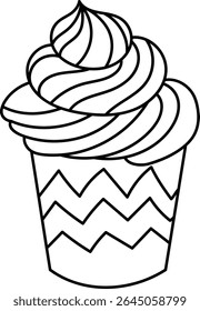 A cupcake with swirled frosting and zigzag pattern in line art style. The dessert features a decorative top and patterned wrapper. Cartoon vector illustration.