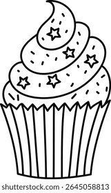 A cupcake with swirling frosting and star decorations in a black and white line drawing style. The dessert features a spiral topping adorned with small star shapes. Cartoon vector illustration.