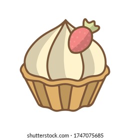 Cupcake, tartelette with strawberry. Sweet dessert. Flat line art vector illustration. Dessert isolated on white background for poster, sticker, template.