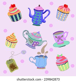 cupcake and tea pots vintage / vintage color English tea style ,hand draw ,eps10 illustration