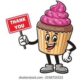 Cupcake with thank you sign,  Cartoon Character Mascot Illustration Vector Clip-art Hand-drawn Logo Design
