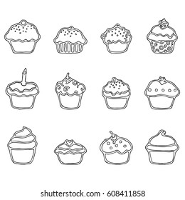 Cupcake Thin Line Art Icon Set Vector Art