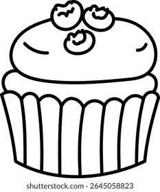 A cupcake topped with berries in a bold outline drawing style. The dessert is depicted with smooth lines and minimal details. Cartoon vector illustration.