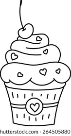 A cupcake topped with a cherry and heart-shaped decorations in a line art style. The frosting swirls are adorned with small hearts and a cherry on top. Cartoon vector illustration.