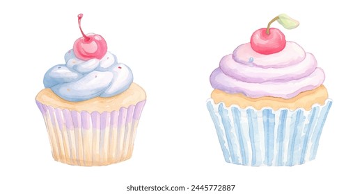 cupcake topped cherry watercolor vector illustration