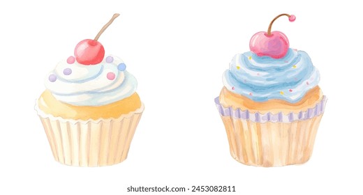 cupcake topped cherry watercolor vector illustration 