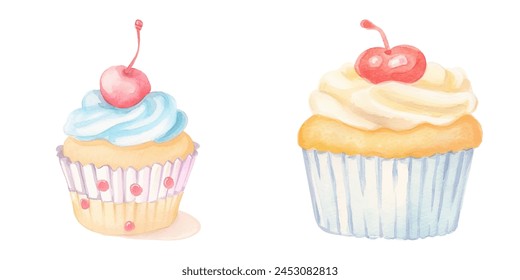 cupcake topped cherry watercolor vector illustration 