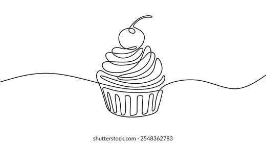 A cupcake topped with cream and cherries, drawn in a continuous one line style. Minimalist vector illustration for desserts.