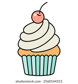 Cupcake topped with fluffy white frosting and a pink cherry flat illustration. The cupcake base is a vibrant teal with a warm golden-brown cake.