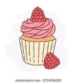 Un cupcake, cubierto con frambuesas frescas. Ilustración vectorial en estilo de dibujos animados sobre el fondo púrpura claro. Perfecto para el diseño de patrones, menú, textiles y platos.