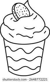 A cupcake topped with swirled frosting and a cookie in a line art style. The dessert is depicted with wavy patterns on the cup and a biscuit on top. Cartoon vector illustration.