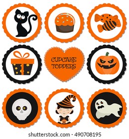 Cupcake toppers for Halloween. Halloween in cartoon style. Halloween objects.