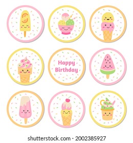 Cupcake toppers for ice cream party. Kids birthday decorations. Kawaii cartoon style. Vector illustration.