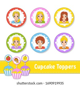 Cupcake Toppers. Set of six round pictures. Beautiful smile girls. Cartoon characters. Cute image. For birhday, party, baby shower.