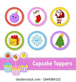 Cupcake Toppers. Set of six round pictures. Christmas theme. Cartoon characters. Cute image. For birhday, party, baby shower.