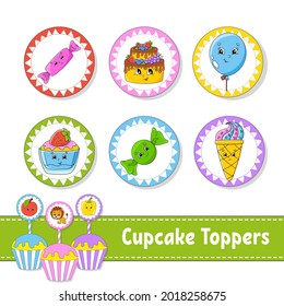 Cupcake Toppers. Set of six round pictures. Cartoon characters. Cute image. For birthday, party, baby shower.