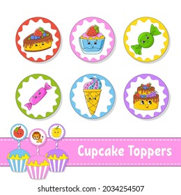 Cupcake Toppers. Set of six round pictures. Cartoon characters. Cute image. For birthday, party, baby shower.