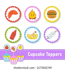 Cupcake Toppers. Set of six round pictures. Barbecue theme. cartoon characters. Cute image. For birthday, baby shower.