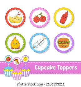 Cupcake Toppers. Set of six round pictures. Barbecue theme. cartoon characters. Cute image. For birthday, baby shower.