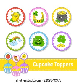 Cupcake Toppers. Set of six round pictures. cartoon characters. Cute image. For birthday, baby shower. Isolated on white background. Vector illustration.