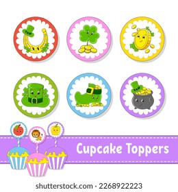 Cupcake Toppers. Set of six round pictures. cartoon characters. Cute image. For birthday, baby shower. Isolated on white background. Vector illustration.