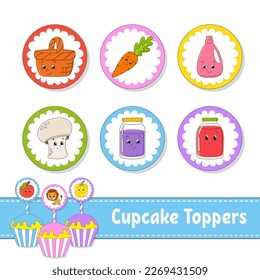 Cupcake Toppers. Set of six round pictures. cartoon characters. Cute image. For birthday, baby shower. Isolated on white background. Vector illustration.