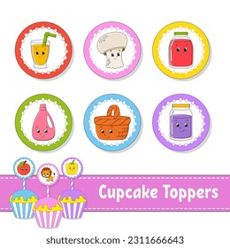 Cupcake Toppers. Set of six round pictures. cartoon characters. Cute image. For birthday, baby shower. Isolated on white background. Vector illustration.