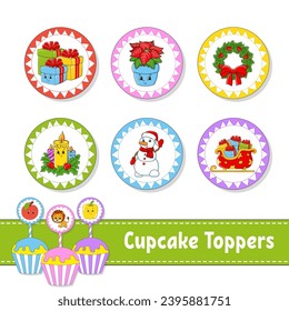 Cupcake Toppers. Set of six round pictures. cartoon characters. Cute image. For birthday, baby shower. Isolated on white background. Vector illustration.