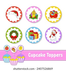 Cupcake Toppers. Set of six round pictures. cartoon characters. Cute image. For birthday, baby shower. Isolated on white background. Vector illustration.