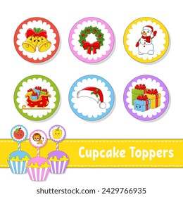 Cupcake Toppers. Conjunto de seis cuadros redondos. personajes de dibujos animados. Bonita imagen. Para el cumpleaños, baby shower. Aislado sobre fondo blanco. Ilustración vectorial.