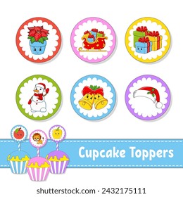 Cupcake Toppers. Set of six round pictures. cartoon characters. Cute image. For birthday, baby shower. Isolated on white background. Vector illustration.