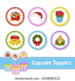 Cupcake Toppers. Set of six round pictures. cartoon characters. Cute image. For birthday, baby shower. Isolated on white background. Vector illustration.