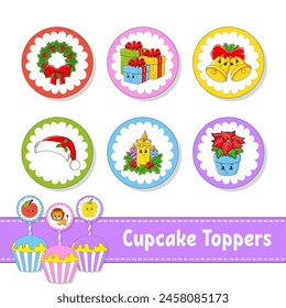 Cupcake Toppers. Set of six round pictures. cartoon characters. Cute image. For birthday, baby shower. Isolated on white background. Vector illustration.