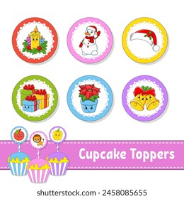 Cupcake Toppers. Set of six round pictures. cartoon characters. Cute image. For birthday, baby shower. Isolated on white background. Vector illustration.