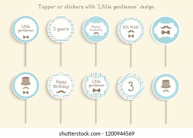 Cupcake toppers or stikcers with "little gentleman" design. Can be used for baby shower, birhday party