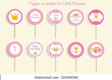 Cupcake toppers or stikcers with "little princess" design. Can be used for baby shower, birhday party