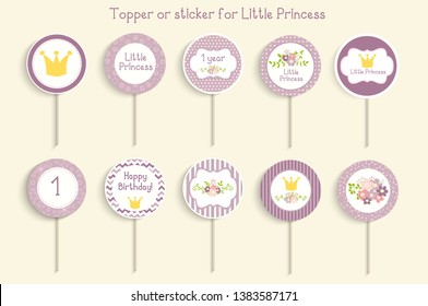 Cupcake toppers or stikcers with "little princess" design. Can be used for baby shower, birhday party