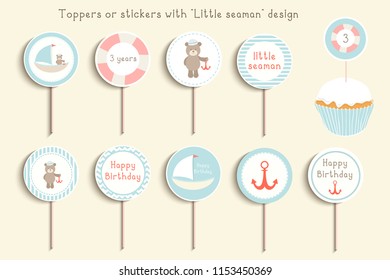 Cupcake toppers or stikcers with "little seaman" design. Can be used for baby shower, birhday party, photosession