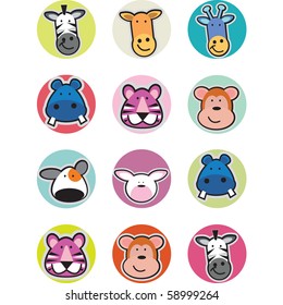 cupcake toppers or tags with animal heads including lion , tiger , monkey , dog , hippo , donkey , zebra