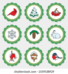 Cupcake toppers for winter party. Set of cute cupcake toppers with doodle illustrations of cardinal bird, hare, bullfinch, snowflake ets. Vector 8 EPS.