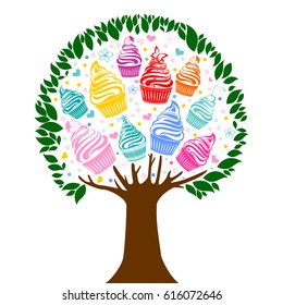 Cupcake tree isolated on White background. Delicious bakery food symbol. Vector illustration