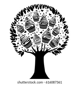 Cupcake tree isolated on White background. Delicious bakery food symbol. Vector illustration
