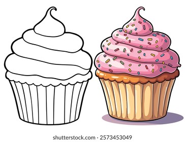 Cupcake Truffle Line Art Vector Illustration Black and White with Coloring Sample. Bold and Easy Food, Sweets, Drinks, Dessert, and Snacks Coloring Pages for Adults and Kids.