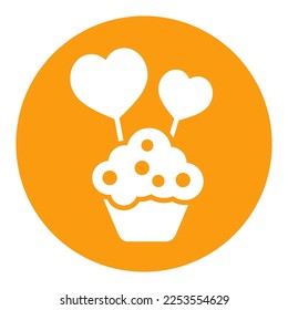 Cupcake mit zwei Herzen Glyph-Symbol. Valentinstag-Symbol. Vektorgrafik, romanische Elemente. Aufkleber, Pflaster, Abzeichen, Ehekarte, Hochzeit
