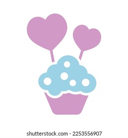 Cupcake with two hearts glyph icon. Valentines day symbol. Vector illustration, romance elements. Sticker, patch, badge, card for marriage, wedding