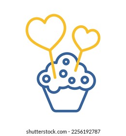 Cupcake with two hearts icon. Valentines day symbol. Vector illustration, romance elements. Sticker, patch, badge, card for marriage, wedding