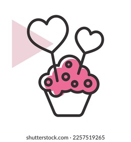 Cupcake with two hearts icon. Valentines day symbol. Vector illustration, romance elements. Sticker, patch, badge, card for marriage, wedding