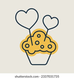 Cupcake with two hearts icon. Valentines day symbol. Vector illustration, romance elements. Sticker, patch, badge, card for marriage, wedding