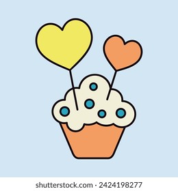 Cupcake with two hearts icon. Valentines day symbol. Vector illustration, romance elements. Sticker, patch, badge, card for marriage, wedding