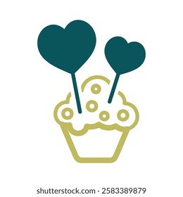 Cupcake with two hearts icon. Valentines day symbol. Vector illustration, romance elements. Sticker, patch, badge, card for marriage, wedding
